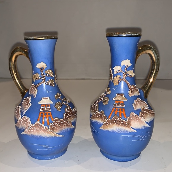 1920s Japan Hand-painted Gaudy Blue Willow Moriage & Gold Porcelain Vases/tray - Picture 4 of 12